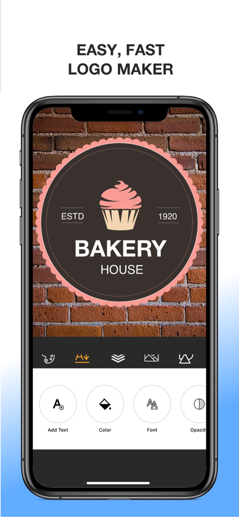 LogoMaker: Logo Creator editor - Smartphone screen showing the LogoMaker app editing a bakery house logo design with a cupcake icon