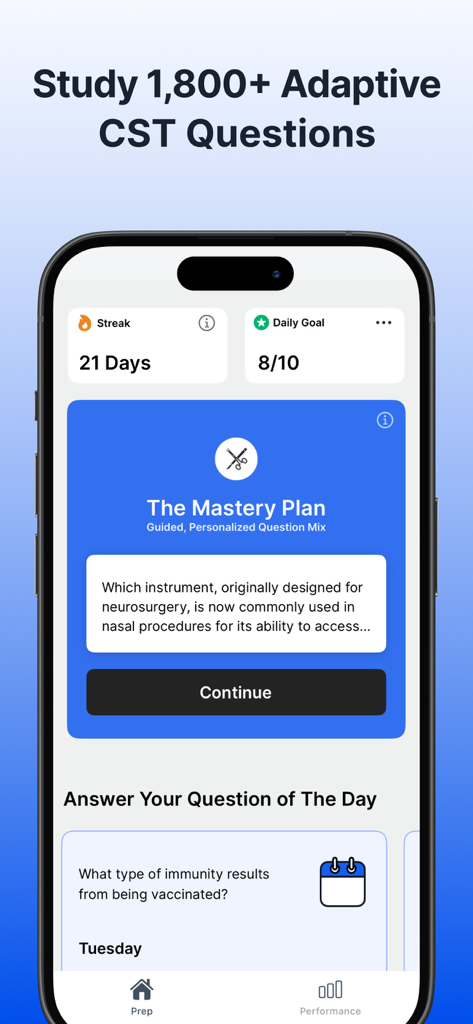 Surgical Technologist Mastery - Tableau de bord de l'application Maîtrise du Technicien en Chirurgie montrant des questions d'entraînement adaptatives pour l'examen CST et le suivi de la progression de l'étude.