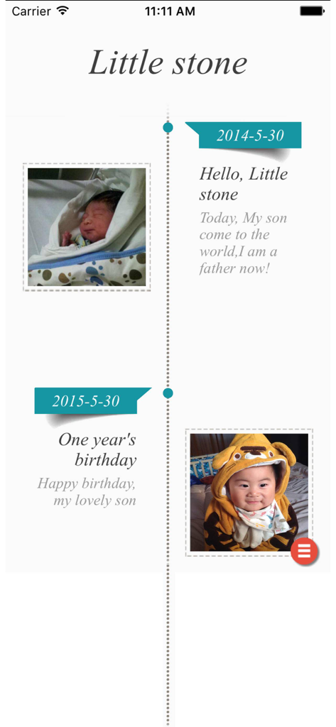A vertical timeline in the Time Note app showing baby milestones from birth to first birthday with photos and descriptions