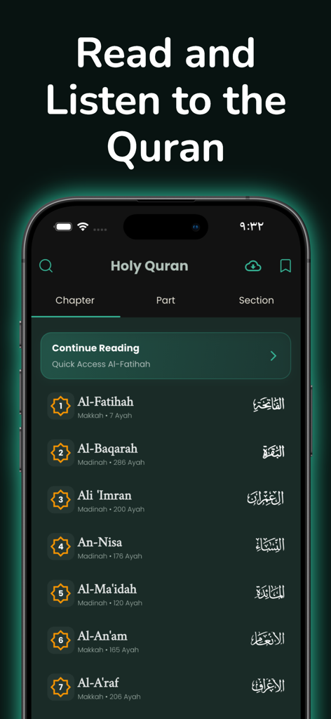 Ummah – Worship Together - The Holy Quran chapter list within the Ummah app featuring Arabic and English titles for reading and listening.