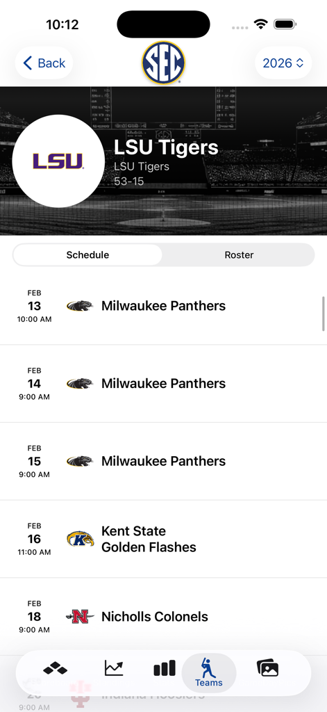SEC Baseball - SEC Baseball app showing the LSU Tigers schedule with upcoming games against Milwaukee and Kent State