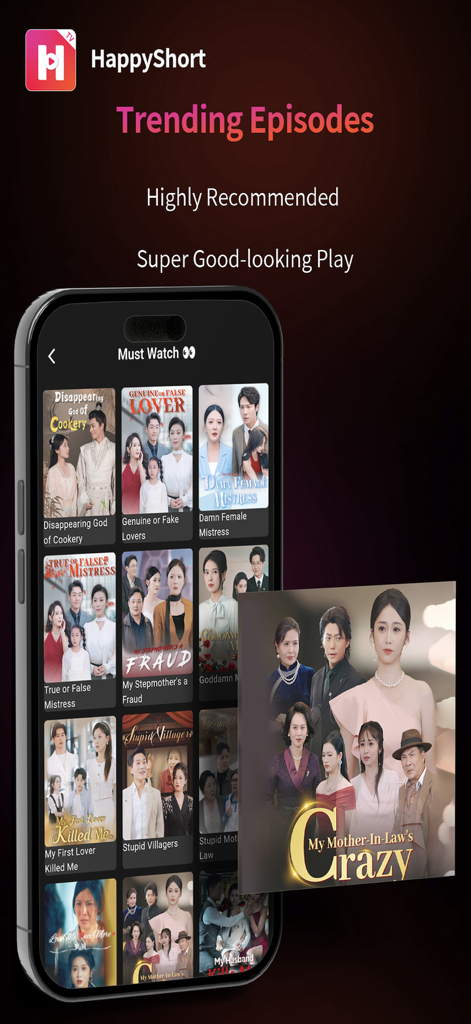 HappyShort app interface displaying a library of trending short drama episodes and mini-series
