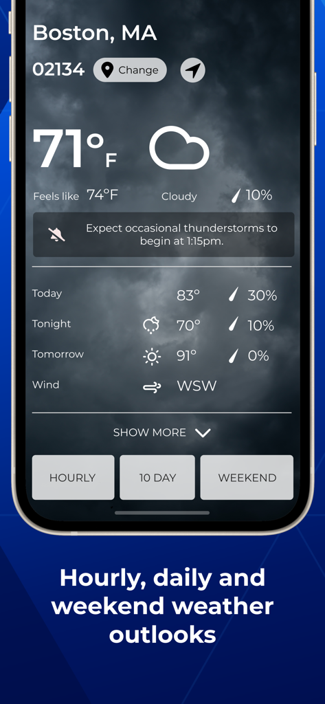 WCVB NewsCenter 5 - Boston - WCVB NewsCenter 5 app displaying a weather forecast for Boston with hourly and daily outlooks