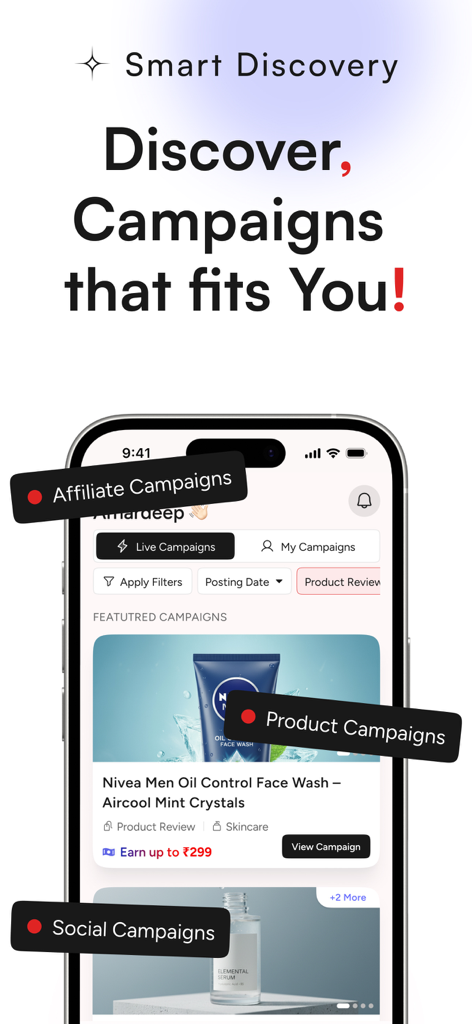 Viral Pitch - Painel de descoberta de campanhas de influenciadores no aplicativo Viral Pitch