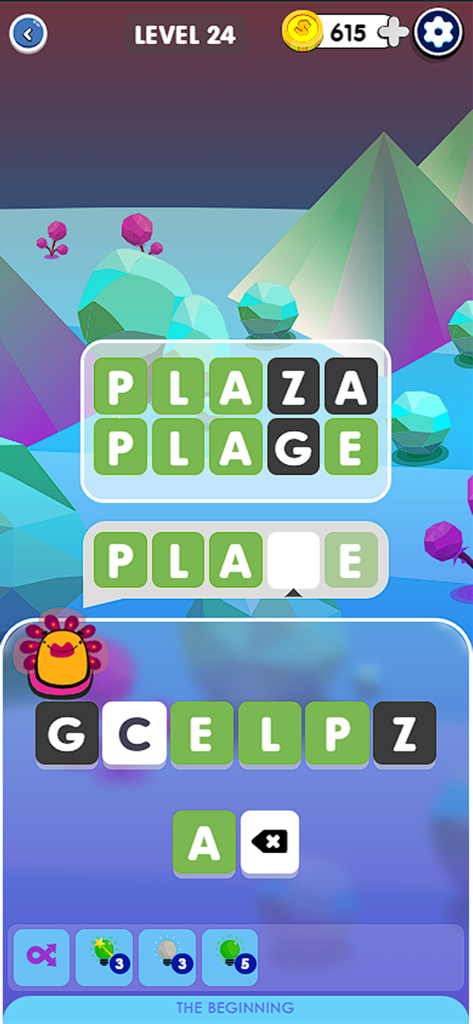 Worder: Elite 2026 Word Game - Screenshot di gioco di Worder Elite 2026 che mostra un puzzle di parole di livello 24 con tessere colorate e uno sfondo paesaggistico geometrico