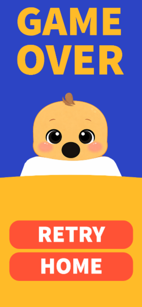 Don't Wake Baby: Button Game - Pantalla de fin de juego con un bebé de dibujos animados sorprendido y despierto, con botones de reintentar y de inicio.