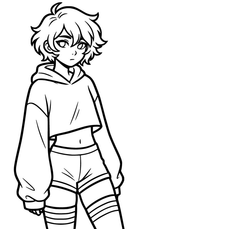 femboy with short hair wearing thigh highs and baggy crop top