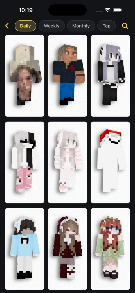 Une sélection de skins Minecraft triés sur le volet dans l'interface de l'application Craftkit