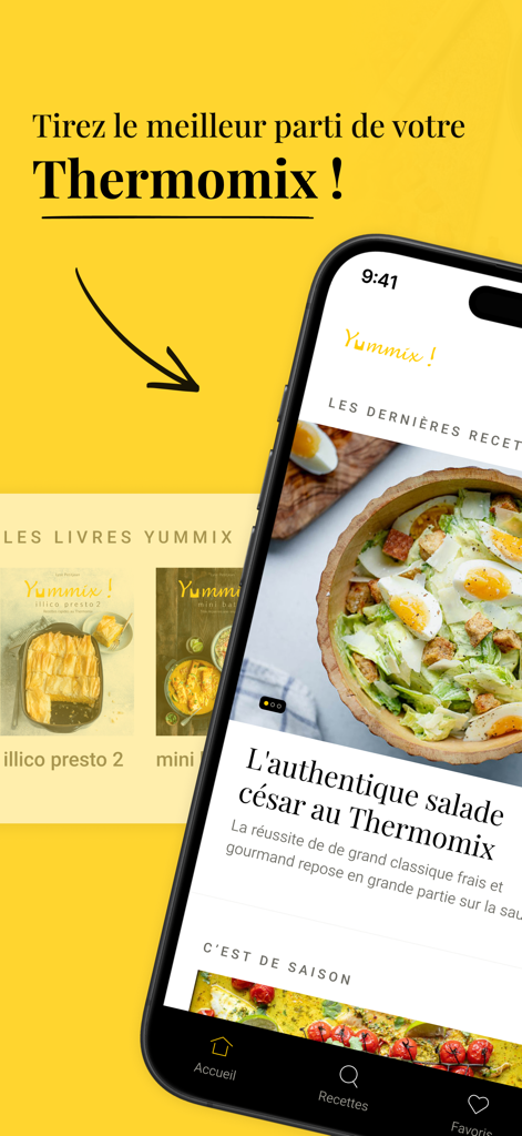 Yummixモバイルアプリのインターフェース。Thermomix用のシーザーサラダレシピと、物理的なクックブックのセレクションが表示されています。