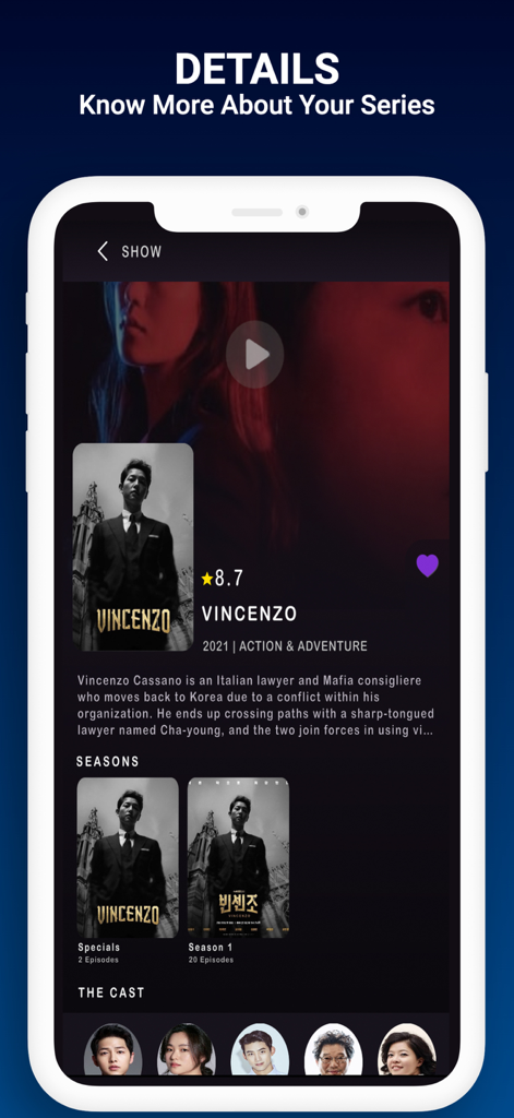 Interface of Flixtor app showing details for the TV show Vincenzo including cast and seasons