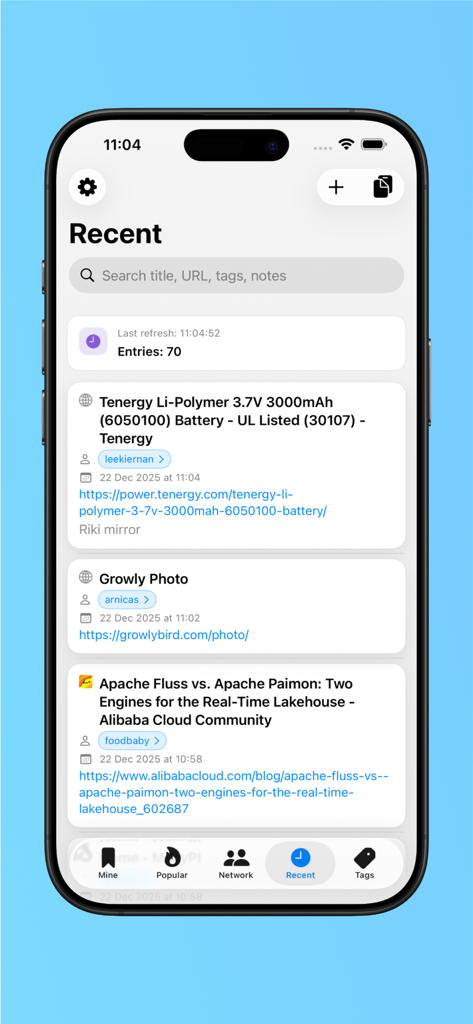 Pinmate for Pinboard - Recent bookmarks feed in the Pinmate for Pinboard app showing shared links