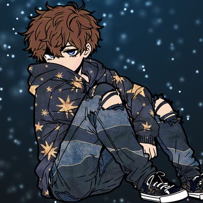 a male hoddie ripped jeans messy hair anime