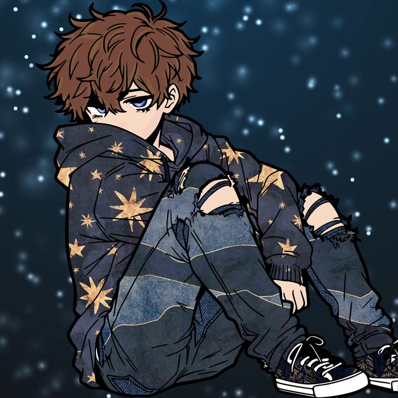 a male hoddie ripped jeans messy hair anime