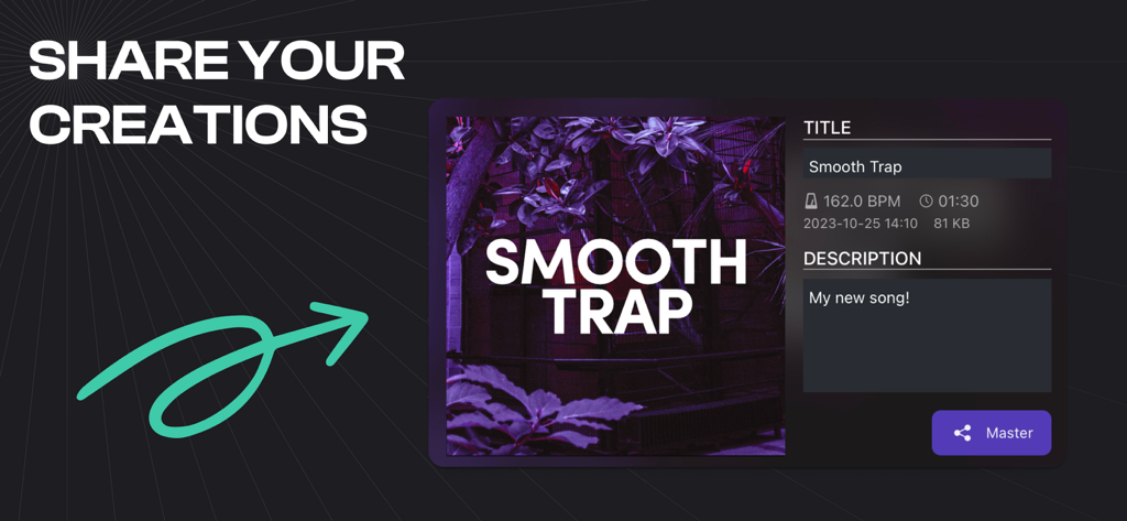 Remixlive - Make Music & Beats - Smooth Trap이라는 제목의 노래에 대한 세부 정보와 함께 Remixlive의 창작물 공유 기능이 표시된 인터페이스.