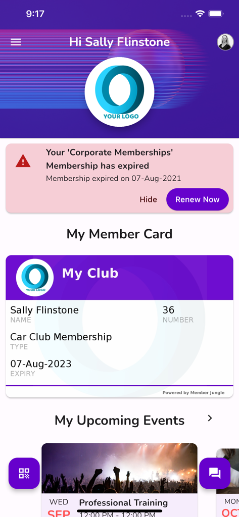 Member Jungle - Member Jungle app interface showing a digital member card and renewal notification