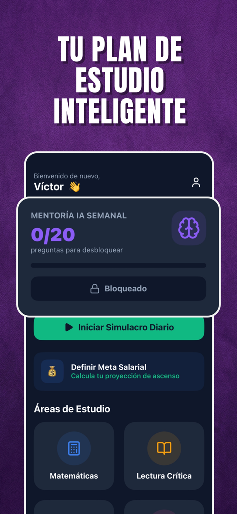 Docente IA: Concurso y SIMO - Dashboard of Docente IA mobile app showing an intelligent study plan for teachers preparing for civil service exams