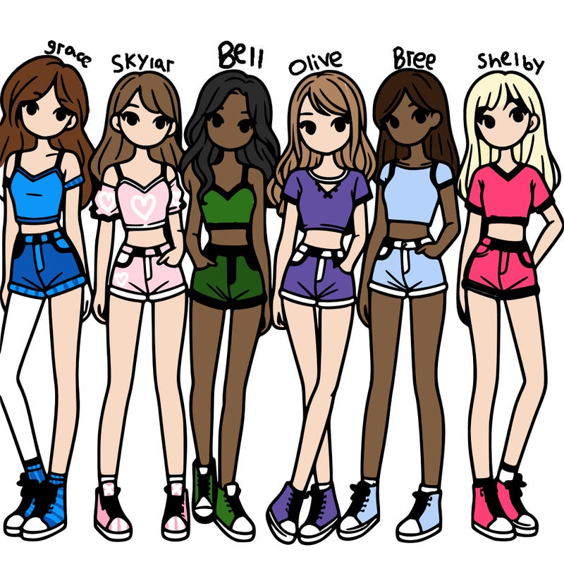 a group of girls wearing crop tops and shorts