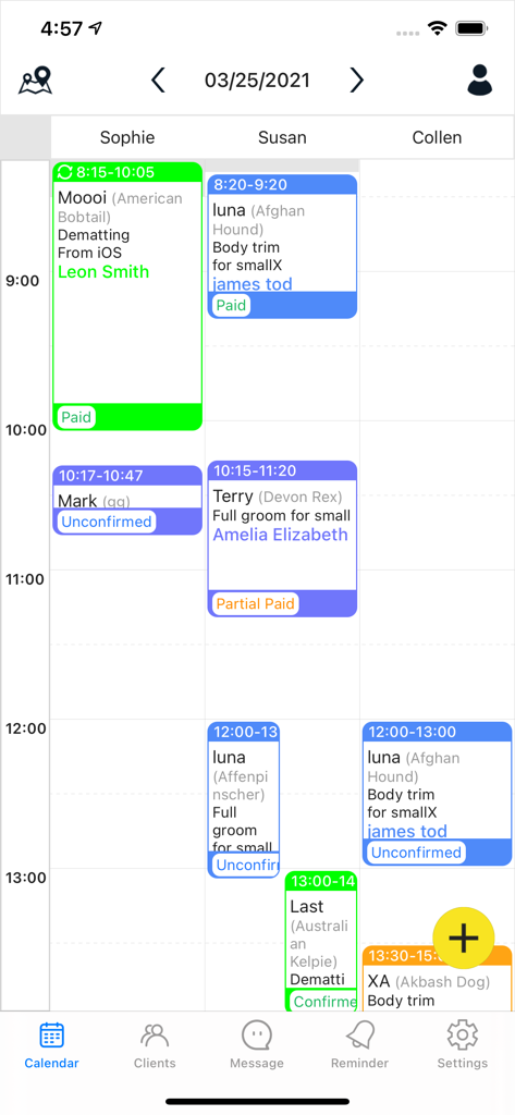 Daily calendar view of GrooMore grooming software showing multiple staff schedules and pet appointment details