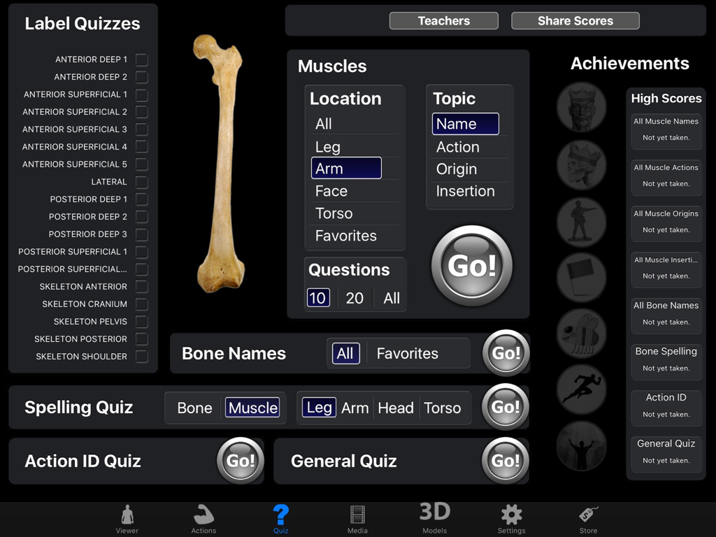 Anatomy quiz interface with options for muscle and bone identification spelling and action tests