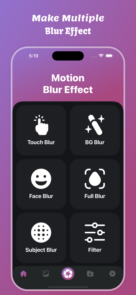 Motion Blur Effect - Main menu of the Motion Blur Effect app displaying various blur options like Touch Blur, BG Blur, and Face Blur.