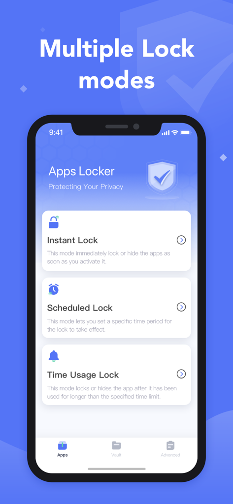 App Lock, Blocker & Controller - Interfaz del iPhone que muestra múltiples opciones de bloqueo de aplicaciones, incluidos bloqueos instantáneos programados y de uso de tiempo
