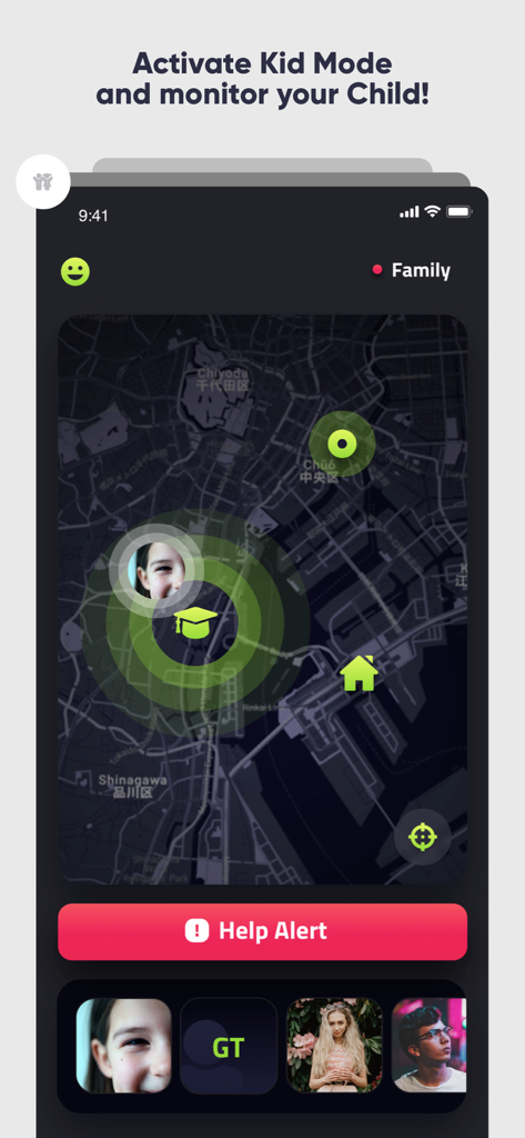 Placeter app screenshot showing child location on a map with a Help Alert safety button
