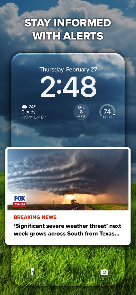 FOX Weather: Daily Forecasts - An iPhone lock screen displaying FOX Weather alerts and a breaking news notification about severe weather threats.