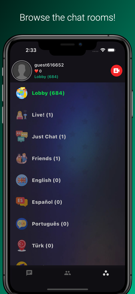 Una schermata dall'app ChatVideo Live che mostra varie categorie di chat room come Lobby, Live, Solo Chat e stanze specifiche per lingua.