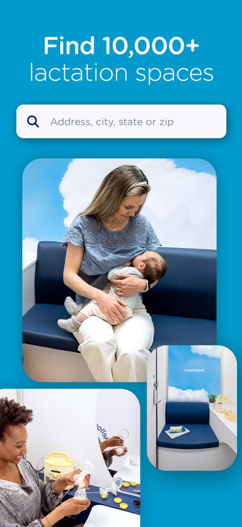 Mamava app search screen for finding lactation spaces with photos of a woman breastfeeding and a woman pumping in a private pod
