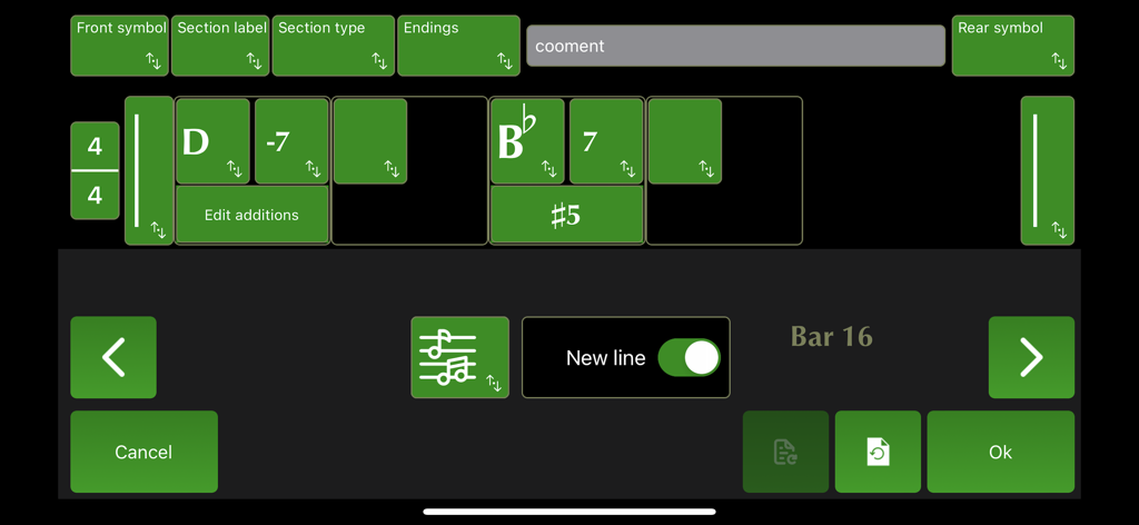 Songistic - Interface of the Songistic app's bar editor showing musical chord symbols like D-7 and Bb7 with editing controls for section labels and endings.