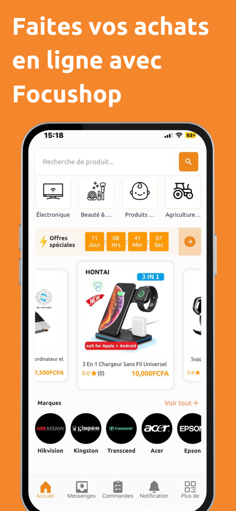 Focus Shop - Focus Shop mobile app home screen with shopping categories and featured electronics products