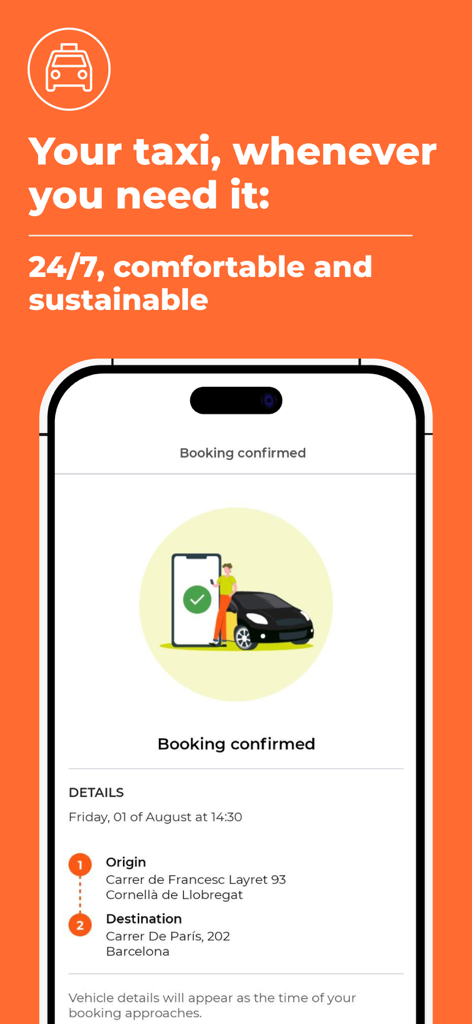 Screenshot dell'app di mobilità SMOU che mostra una prenotazione taxi confermata con dettagli di origine e destinazione a Barcellona.