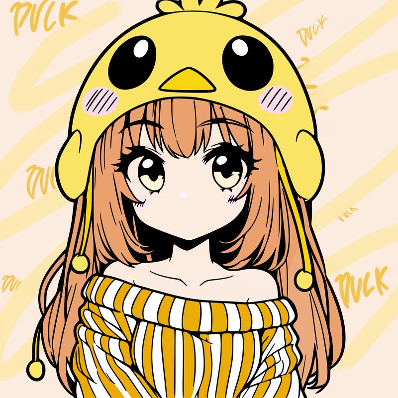 anime girl with chick shaped hat with sweater with bare shoulders with bangs covering them one eye with low tail