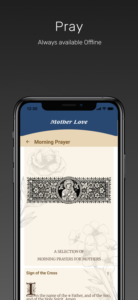 Mother Love - Mother Love app interface showing Catholic morning prayers available offline