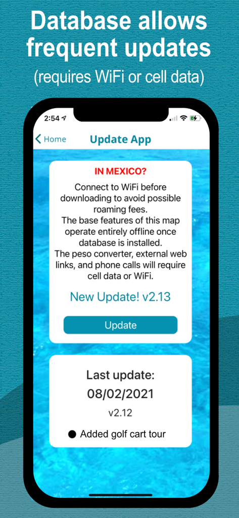 MapChick's Isla Mujeres - MapChick app update screen with data roaming warnings and offline database info