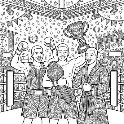 Step into the ring of creativity with this intricate adult coloring page featuring three victorious boxers. Immerse yourself in the detailed celebration, complete with championship belts, trophies, and a jubilant crowd, perfect for mindful coloring.