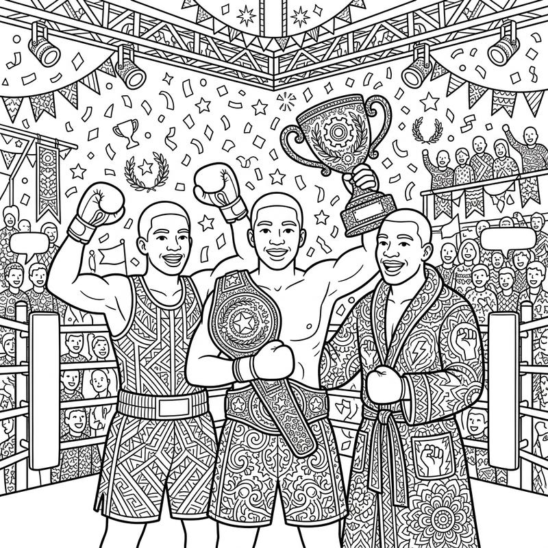 Step into the ring of creativity with this intricate adult coloring page featuring three victorious boxers. Immerse yourself in the detailed celebration, complete with championship belts, trophies, and a jubilant crowd, perfect for mindful coloring.