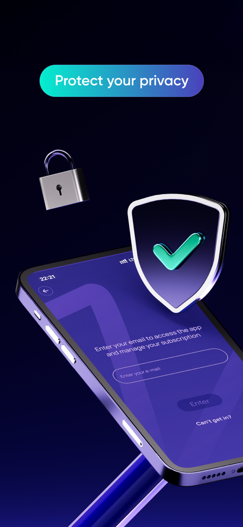 VmV App login screen with shield and lock icons emphasizing privacy protection