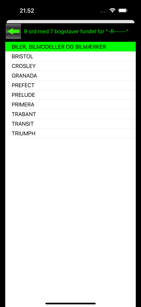 DanKryds - DanKryds app screenshot showing search results for seven letter car brands in a crossword dictionary