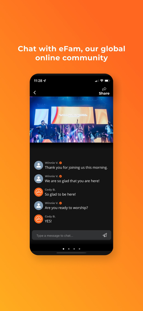 Elevation 앱의 라이브 채팅 인터페이스, 예배 중 eFam 글로벌 온라인 커뮤니티 표시