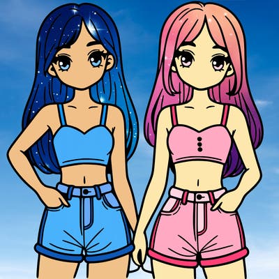 two sisters with crop tops and jean shorts and straight hair