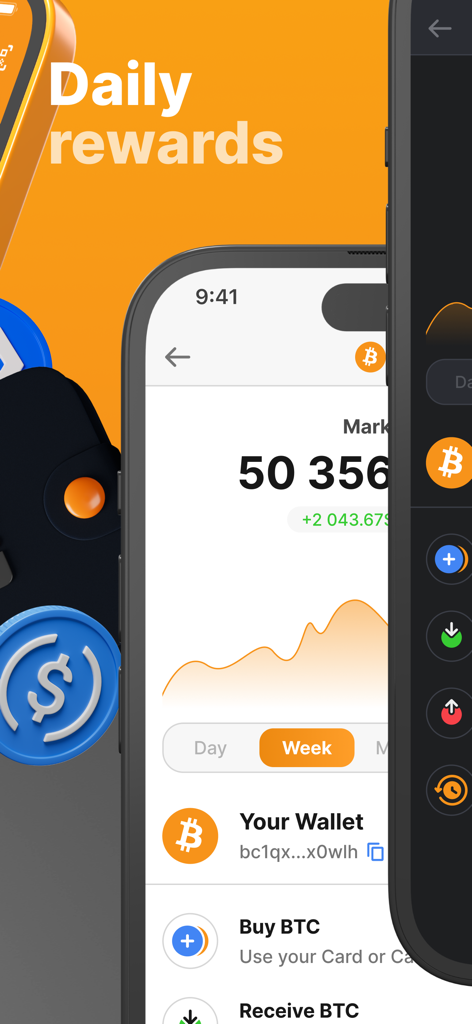 NC Wallet app interface showing Bitcoin balance and daily rewards.