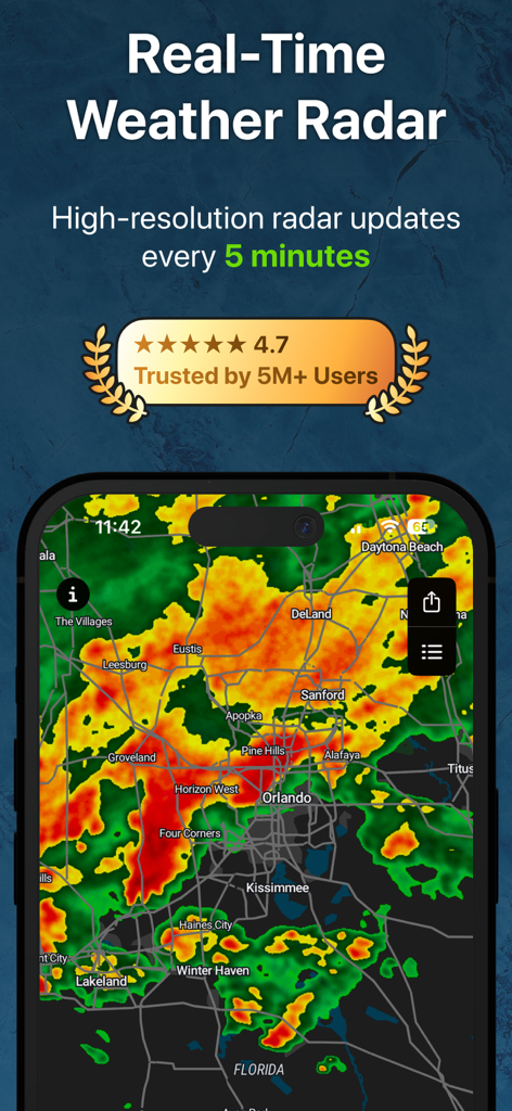RainViewer app displaying a high-resolution real-time weather radar map of Orlando Florida on a smartphone
