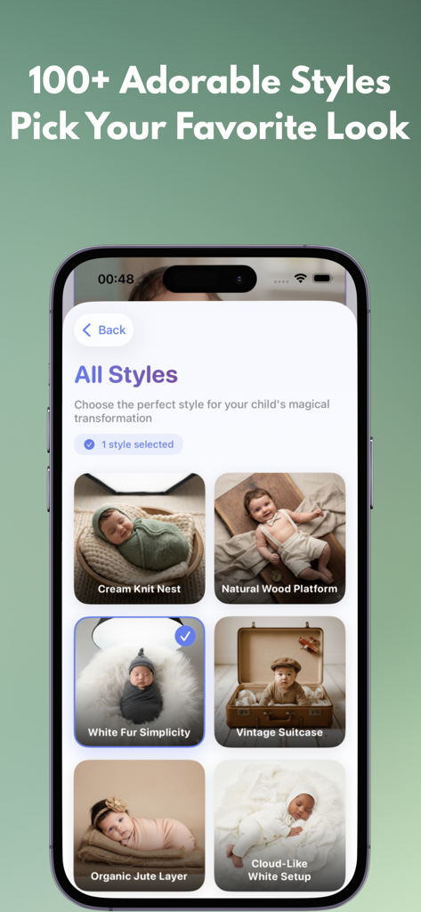 Newborn AI: Baby Photo Studio - A mobile app interface from Newborn AI showing various professional baby photography styles like Cream Knit Nest and Vintage Suitcase.