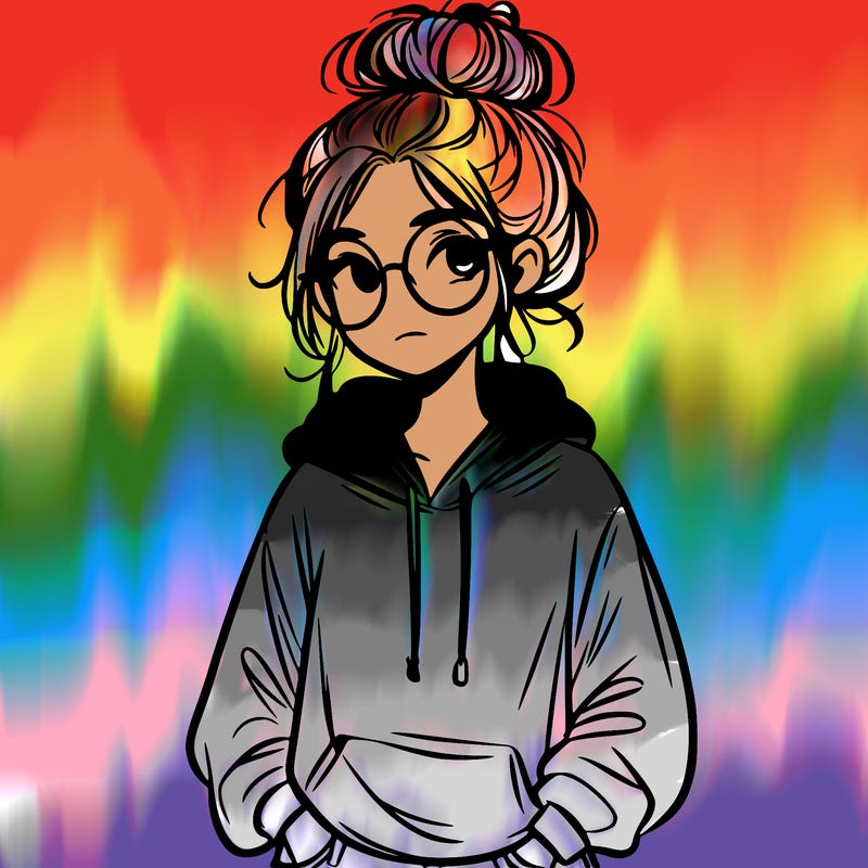 teen girl with a messy bun and glasses wearing a loose hoodie and jeans