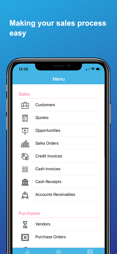Menú de la aplicación móvil Adm Cloud que muestra módulos de negocio para ventas y compras como cotizaciones, facturas y órdenes de compra.