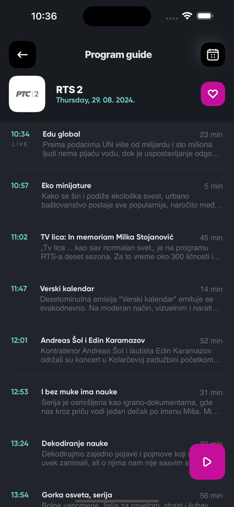 Bildschirm des elektronischen Programmführers in der Orion TV App mit dem Zeitplan des Senders RTS 2