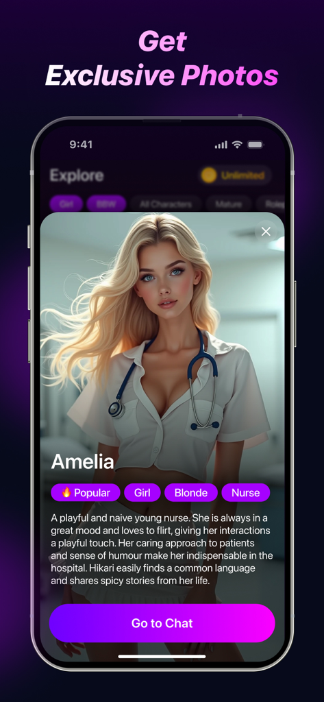 AI Girlfriend & Companion Chat - Pantalla de la aplicación móvil que muestra el perfil de un personaje de IA llamado Amelia vestida de enfermera.