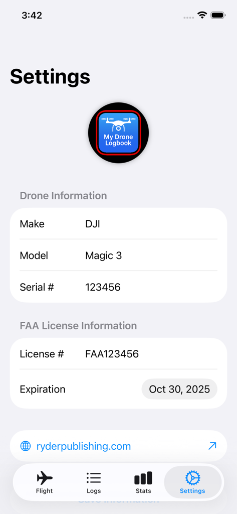 My Drone Log Books - Settings screen showing drone information and FAA license details