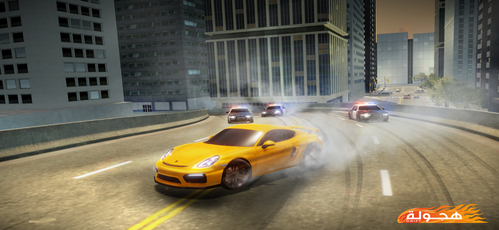 A yellow sports car drifting through city streets while being chased by police vehicles in Hajwala Drift.